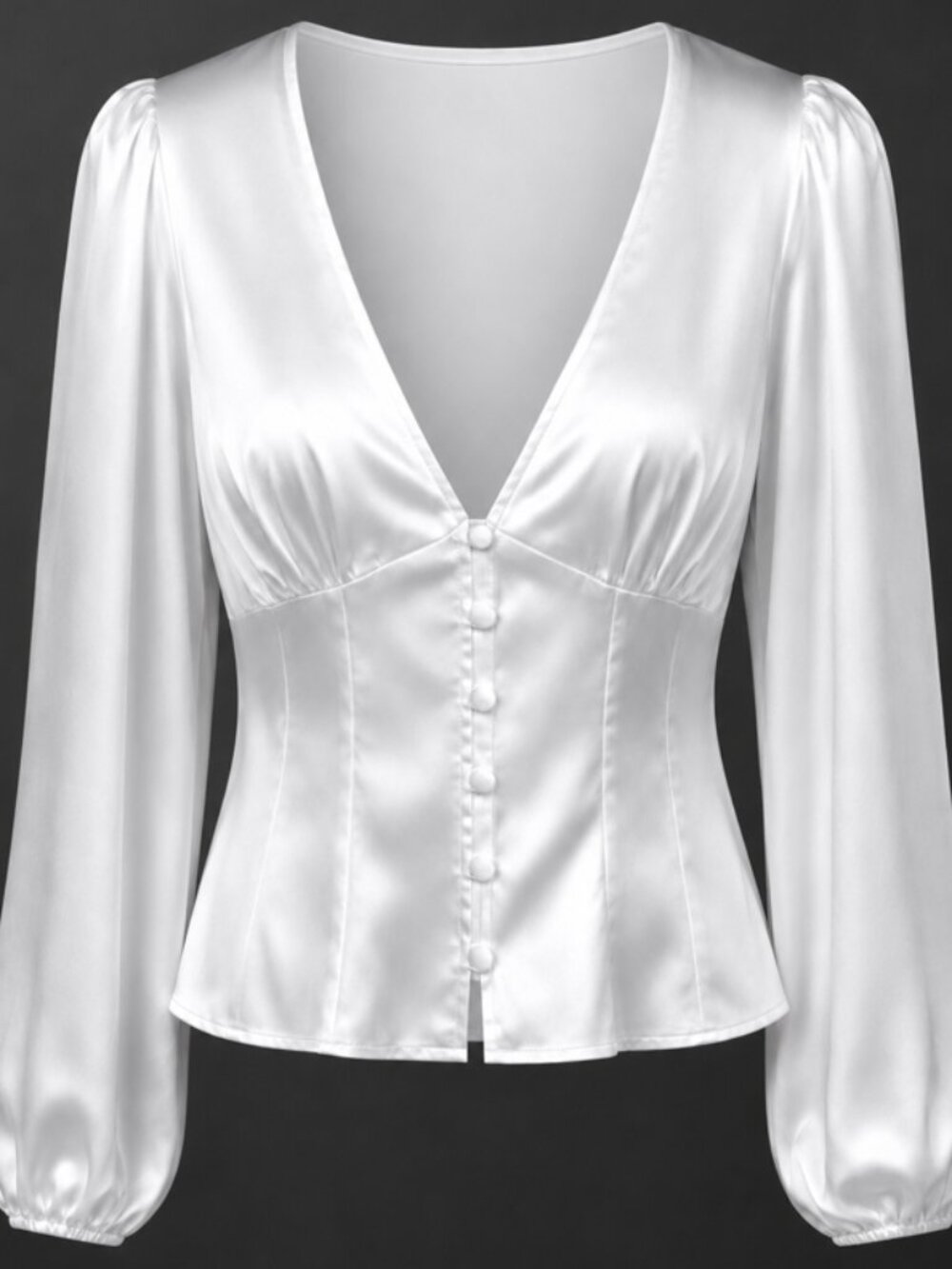 H&M Divided Satin V Neck Button Front Long Balloon Sleeve White Blouse Size Med